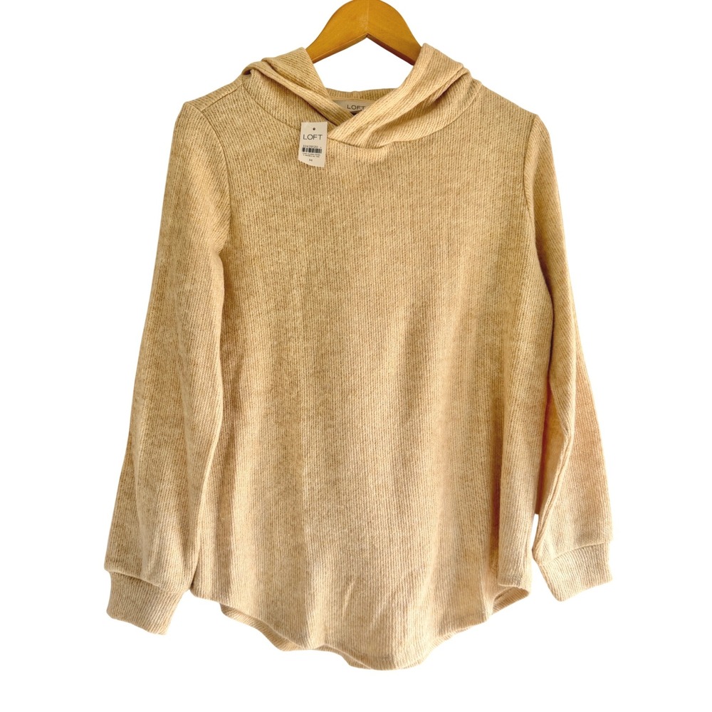 LOFT Womens Beige Ribbed Knit Crossover Hoodie Curved Hem Sweater Size M NEW